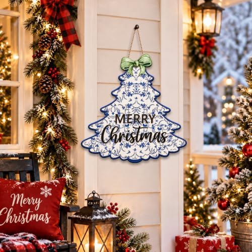 Chinoiserie Christmas Decorations Blue Floral Christmas Tree Wooden Sign