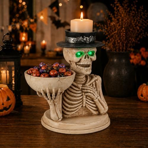 Halloween Skeleton Figurine with LED Glowing Eyes & Candy Bowl