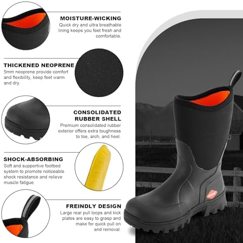 Showave Men's Rubber Boots Waterproof Rain Boots Mud Boot Comfy Sports Sole