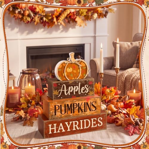 Moucuny 4 Pcs Fall Table Decoration for Home, Wooden Pumpkins Harvest Decor