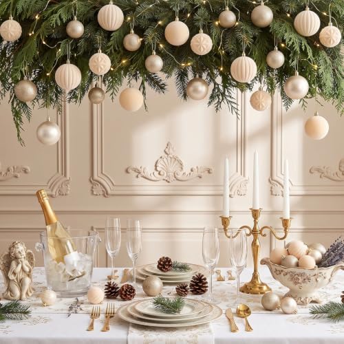 Civaner 52 Pcs Velvet Christmas Ball Ornaments Flocked Christmas Tree Hanging Ornaments 3 Assorted Size Shatterproof Xmas Ball Decorations Set for Xmas Holiday Winter Party Decor(Beige)