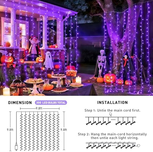 JMEXSUSS 300LED Purple Halloween Lights, 9.8x9.8ft Curtain Lights Plug in