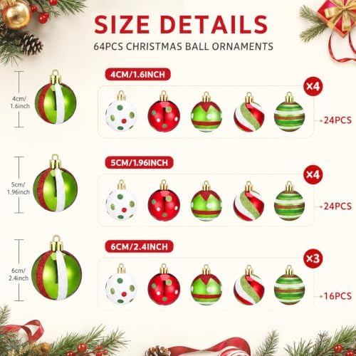 Lunmon 64 Pcs Lime Green Red Christmas Ornament Polka Dot Stripe Xmas Bulbs