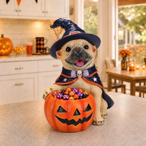 Halloween French Bulldog Candy Bowl, Witch Dog Statue Pumpkin Holder