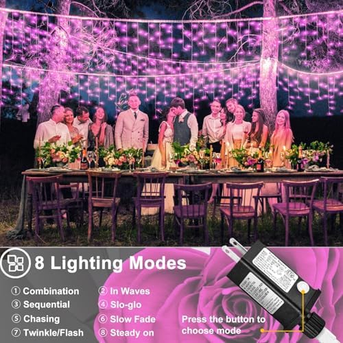 99ft Pink Icicle Christmas Lights Outdoor, 1216 LED Icicle Lights for Outside Clear Wire Twinkle Lights with 8 Modes Timer Waterproof for Window Party Wedding Yard Holiday Valentine's Day Decorations