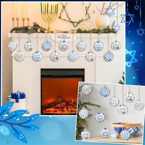 Outus 16 Pcs Hanukkah Ball Ornaments Hanukkah Hanging Ornament for Tree Blue and White Jewish Christmas Decorations for Tree Star of David Chanukah Party Decorations