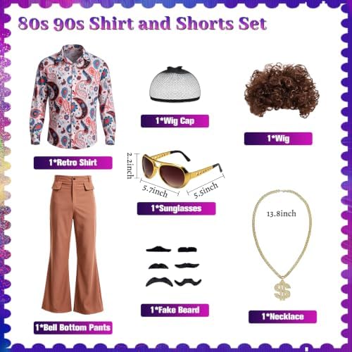 70s Disco Outfit for Men, 7 Pcs Retro Hippie Costume Adults