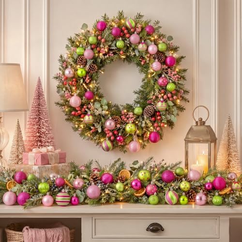Lunmon 64 Pcs Lime Green Pink Christmas Ornaments Sets Polka Dot Xmas Balls