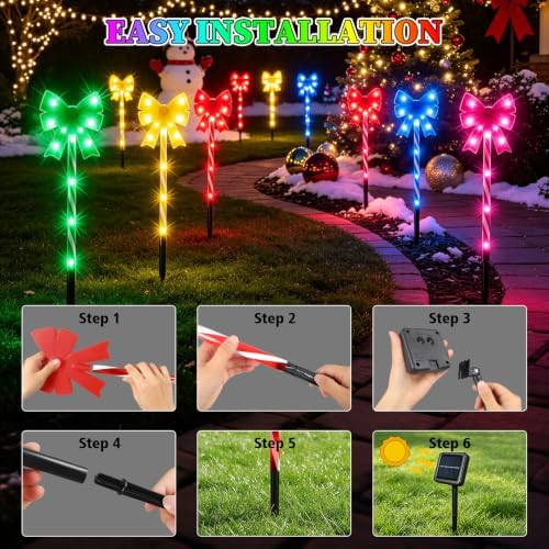 Solar 5PCS Christmas Bow 50LED Outdoor String Lights with Stakes Multicolor