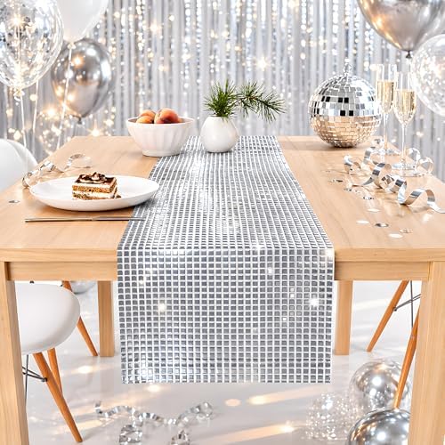 Disco Party Decorations - Glitter Disco Table Runner | Retro 70s 80s Disco Ball Decor Indoor Outdoor - Silver Sequin Party Favors Supplies for Wedding Bachelorette Birthday Dance Party