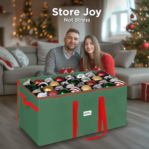 Christmas Ornament Storage Container,Box Stores Up to 128-3 inch ornaments, Adjustable Dividers, Large Organizer Bin to Protect and Store Holiday Décor - Green