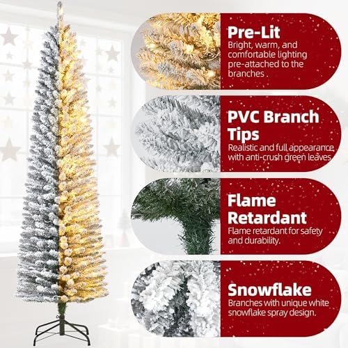7.5Ft Pre-Lit Snow Flocked Pencil Christmas Tree, Fir Hinged Slim Skinny Corner Xmas Tree with 155 Incandescent Warm White Lights & Snow Branch Tips, White
