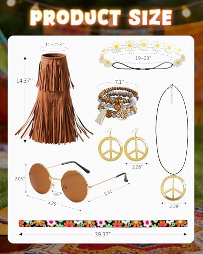 kasahara 60s 70s Outfit for Women Hippie Dress Clothes Boho Disco Costume with Hippie Headband Necklace Earrings Bracelet