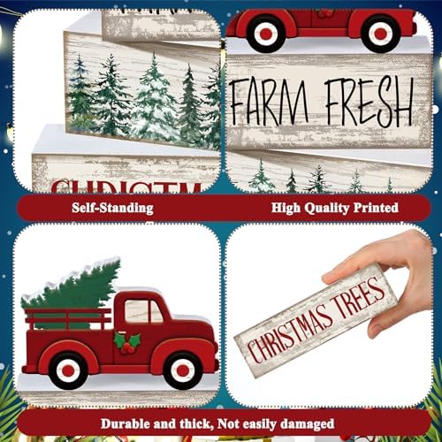 Lineshading 4 Pcs Christmas Table Decor, Red Truck Tree Wood Block Sign