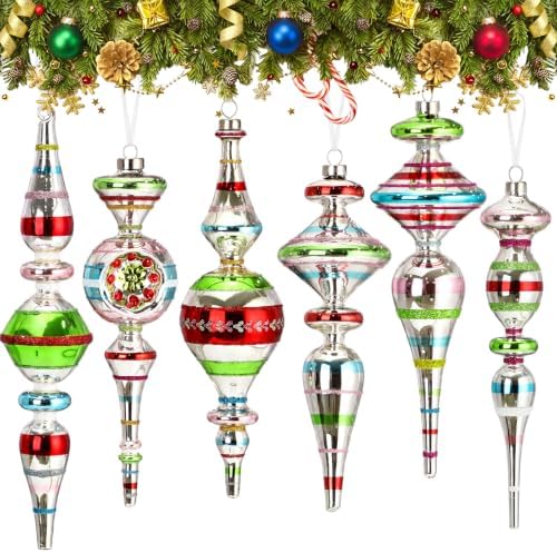 Soulchen 6 Pcs Vintage Glass Finial Christmas Ornaments Classic 9.84 Inch