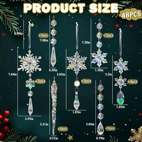 Crystal Christmas Tree Ornaments, 48pcs Iridescent Acrylic Snowflake Icicle