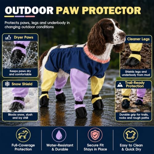 Waterproof Dog Boots Rain Boots with Suspender, Dogs Shoes Paw Protector for Small Medium Puppy, Anti-Slip Doggy Boot Belly Protector, Rain Booties Snow Pants Dogs Suspender Booties Leggings(L,colord)
