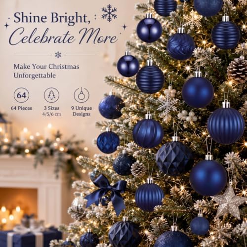 Lunmon 64 Pcs Navy Blue Christmas Ornaments Midnight Blue Xmas Tree Baubles