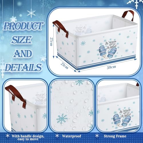 CHENGU 6 Pack Winter Storage Basket Collapsible Snowflakes Basket for Gifts Gnomes Holiday Decor Large Snowman Bin Foldable Blue Hello Winter Box with Handle for Bedroom Office Home