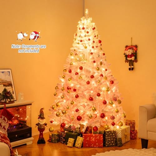 HAPPYGRILL 7 FT Pre-lit Flocked Christmas Tree Pink Hinged Xmas Tree with 1264 Branch Tips, 350 Warm White LED Lights & Folding Metal Stand, for Home Office Carnival