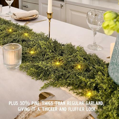 6FT Christmas Garland with Lights, Lush PE Cedar Garland, 20 LEDs, Timer