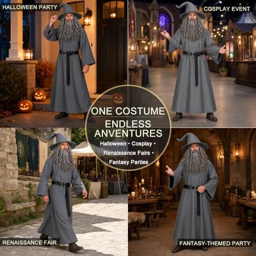 Wizard Halloween Costumes for Men with Gray Robe Hat Wig Beard