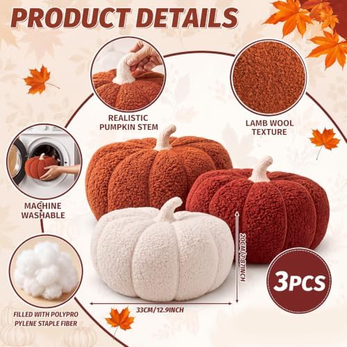 Konohan 3 Pcs Pumpkin Pillows Fall Stuffed Pumpkin Plush Pillow for Autumn Halloween Thanksgiving Christmas Bedroom Sofa Couch Supplies