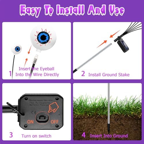 Kohlrabi Halloween Decorations Outdoor, 4 Pack 24 LED Solar Purple Scary Eyeball Swaying Lights, Solar Firefly Light Waterproof Outdoor Garden Lights for Halloween Yard Party