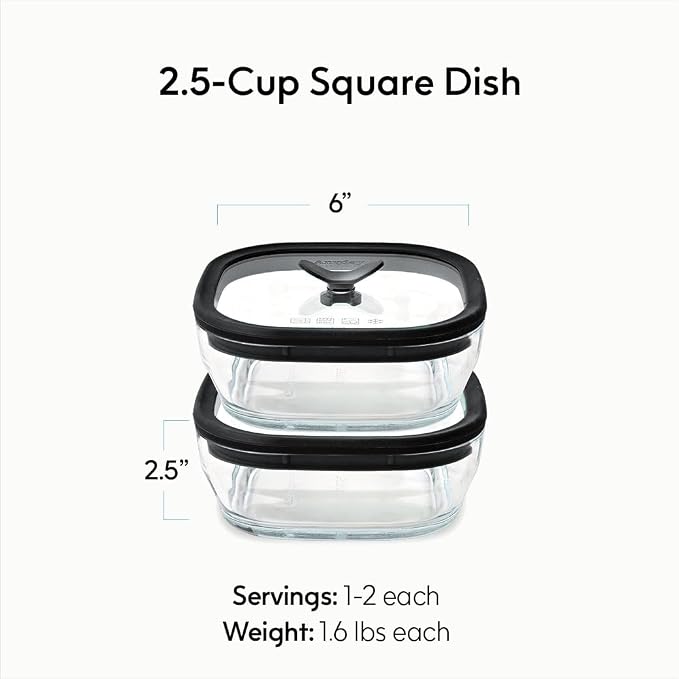 Anyday 2 Pack 2.5 Cup Glass Lunch Containers, Lids (Black Sesame) | All Glass, Microwave Safe Bowls for Work, Food Storage, Bento Box Meal Prep Container