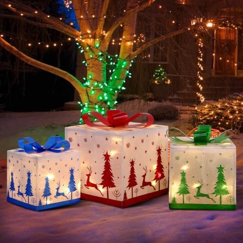 DomKom Set of 3 Lighted Gift Boxes, 60 LED Light Up Nesting Boxes with Metal Frame, Reindeer & Snowflake Design for Xmas Tree Party Indoor Outdoor Holiday Decorations