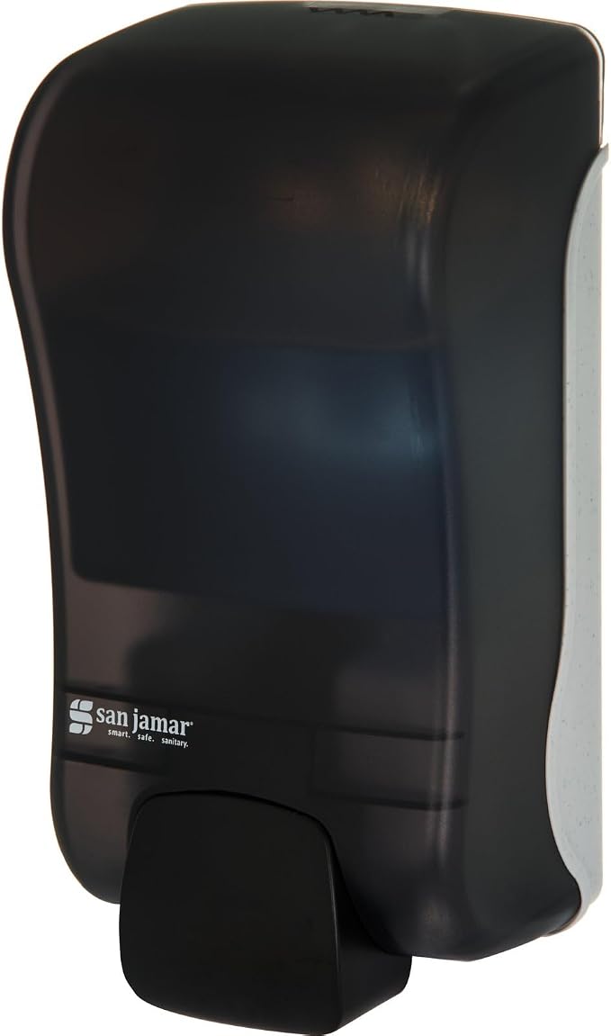 San Jamar Manual Soap Dispenser – 1300 mL Capacity Liquid Dispenser for Bulk Foaming Soaps, Wall Mount, Refillable with Transparent Reservoir Easy Push Bar for Commercial or Office Use, Black Pearl