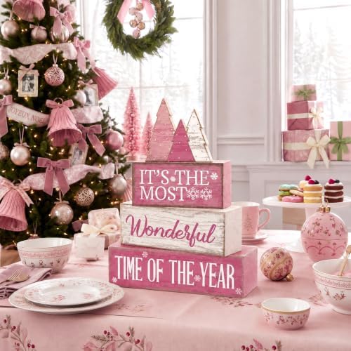 Moucuny 4 Pcs Christmas Table Decoration Wooden Pink Wooden Christmas Tree