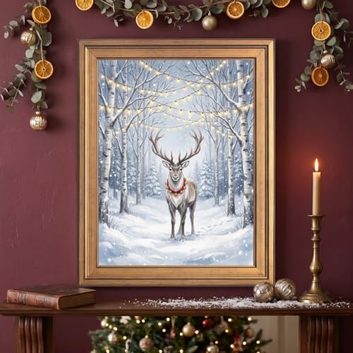 Framed Reindeer Canvas Art Gold Frame Winter Landscape Inch 12x16