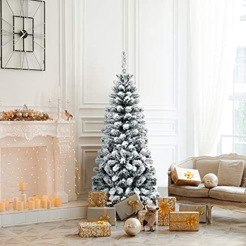 4.5FT Snow Flocked Pine Tree, Artificial Christmas Tree w/Sturdy Metal Stand & Quality PVC Needles, Pencil Xmas Tree for Indoor & Outdoor Holiday Decoration