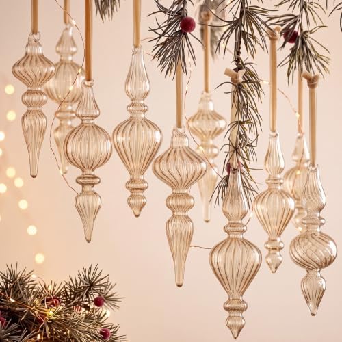 12 Pcs Vintage Glass Finial Christmas Ornaments, Light Brown