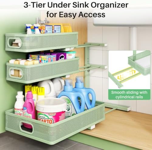 Kitstorack Under Sink Organizer, 1-Pack 3-Tier Height Adjustable Thickened Metal Pull out Cabinet Organizer Shelf, Slide out Storage Drawer Rack for Bathroom Kitchen Pantry Home Organization, Green