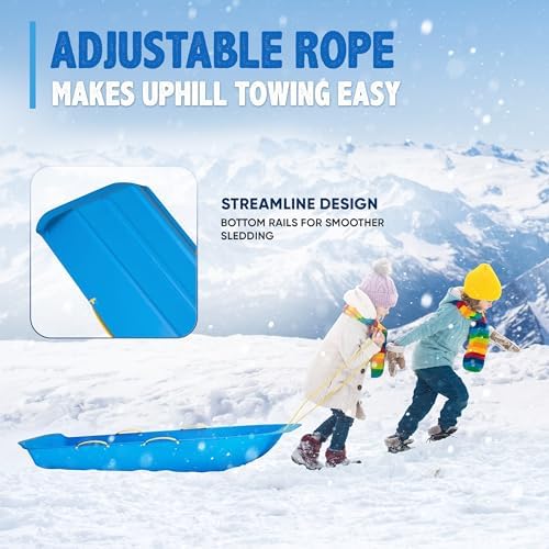 47.5" Toboggan Lifetime Sled: Durable High-Density Plastic Sleds for Adults, Kids, and Teens 2 Person Snow Sleds for Kids and Adults W/Handles and Pull Rope