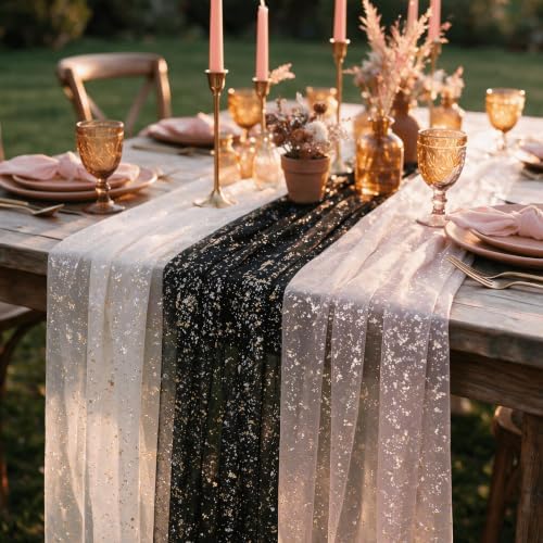 Artoid Mode 6PC Beige Black Pink Gauze Table Runner 120 Inch 10FT, Glitter Metallic Foil Sheer for Wedding Anniversary Holiday Birthday Home Party Decor
