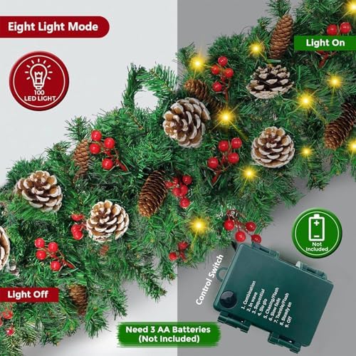 Christmas Garland, 12FT Prelit Christmas Garland with 100 LED Lights, Greenery Xmas Garland with 20 Pine Cones 90 Red Berry Christmas Decoration for Indoor Outdoor Home Mantel Fireplace
