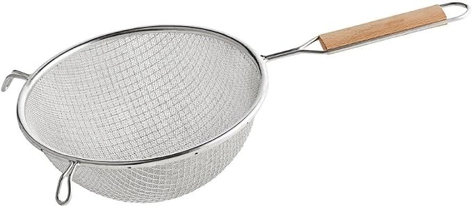 Soro Essentials- 8" Double Tinned Fine Mesh Strainer with Pan Hooks Wooden Handle- Food Sieve Strainer Kitchen Mesh Strainer Utensil for Cooking Rice Quinoa Pasta Fruits Vegetable Home Kitchen