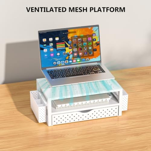 WALI Desk Organizer with Drawer and Pen Holder, 3 Tier Computer Monitor Stand for Home Office Supplies, Laptop Stand Riser for Computer, Laptop, Printer(PTT004-W), 1 Pack, White