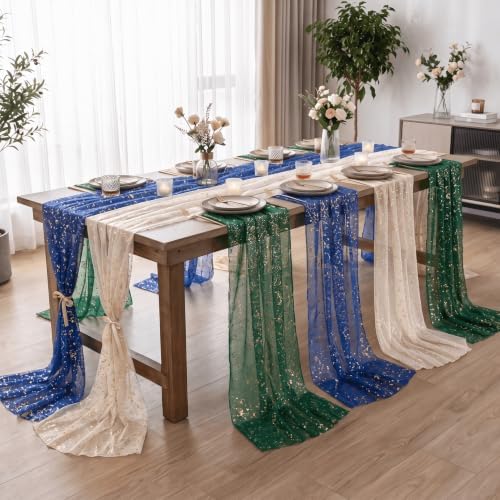 Artoid Mode 3PC Beige Green Blue Gauze Table Runner 120 Inch 10FT, Glitter Metallic Foil Sheer for Wedding Anniversary Holiday Birthday Home Party Decor