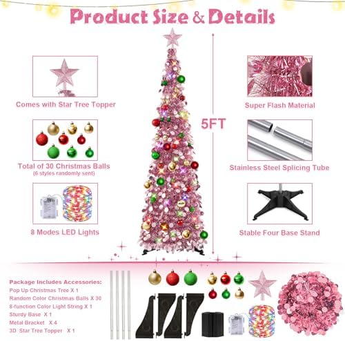 N&T NIETING Pop Up Christmas Tree with Lights & Ornaments, 5FT, Rose Gold