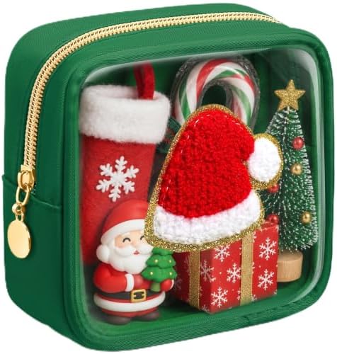 Abbylike 1 Pcs Christmas Preppy Patch Makeup Bags Bulk Polyester Holiday Makeup Bag Skincare Pouch Xmas Zipper Cosmetic Pouch Preppy Thing for Travel Christmas Women Gift (Classic, Green)