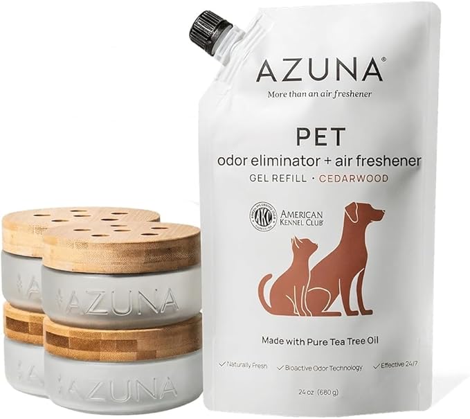 Azuna Pet Odor Eliminator for Strong Odor | 4 Room Kit Includes (4) Empty Luxe Glass Jar & 24oz Gel Refill | Plant Powered | Dog and Cat Room Deodorizer | Pet and Child Friendly | Cedarwood Scent