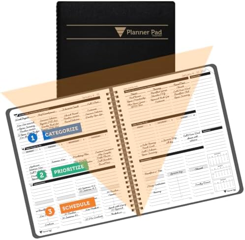 Planner Pad Spiral Bound January-December 2027/ Calendar Year 6 3/4" x 8 1/2" Medium 3-Tier Funnel Down 12 Month/Weekly Organizer, Black Cover/Black Ink