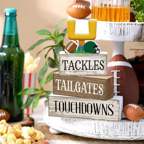 Lineshading 4 Pcs Fall Football Table Decor, Wood Block Sign Home Shelf