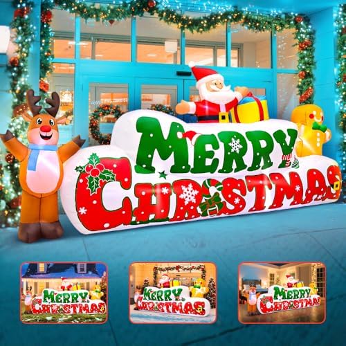 10FT Christmas Inflatables Outdoor Decorations Inflatable Merry Christmas with Santa Gingerbread Reindeer, Built in LED Lights Blow up Yard Decorations for Xmas Holiday Party Garden Lawn Décor