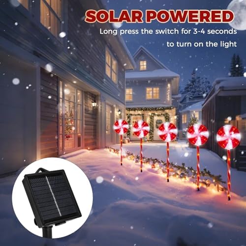 BRIGHTDECK 10 Pack Solar Christmas Pathway Lights, Red Lollipop Stakes