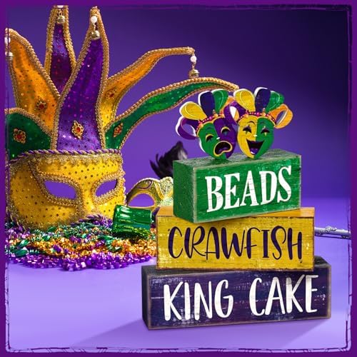 Moucuny 4 Pcs Mardi Gras Wooden Block Signs Farmhouse Table Decoration